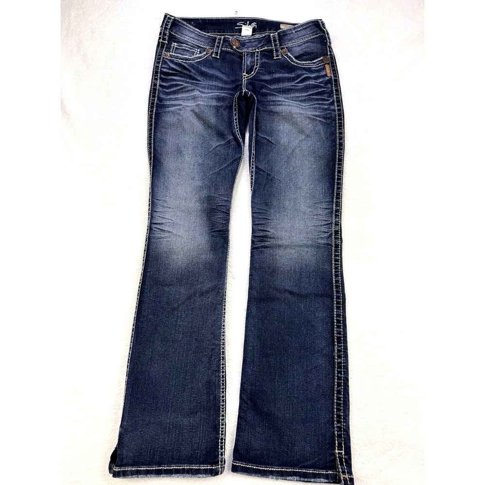 Silver Tuesday Boot Jeans Women 29x31 Blue Split Hem Flap Pkt Whisker Denim